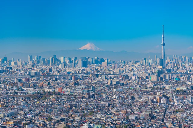 東京の街並みとスカイツリー、富士山のパノラマ写真