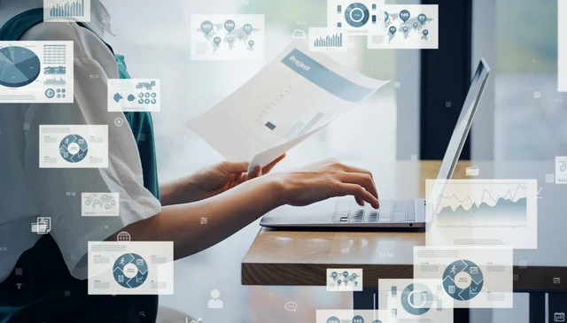 データ分析のグラフとノートパソコンのイメージ