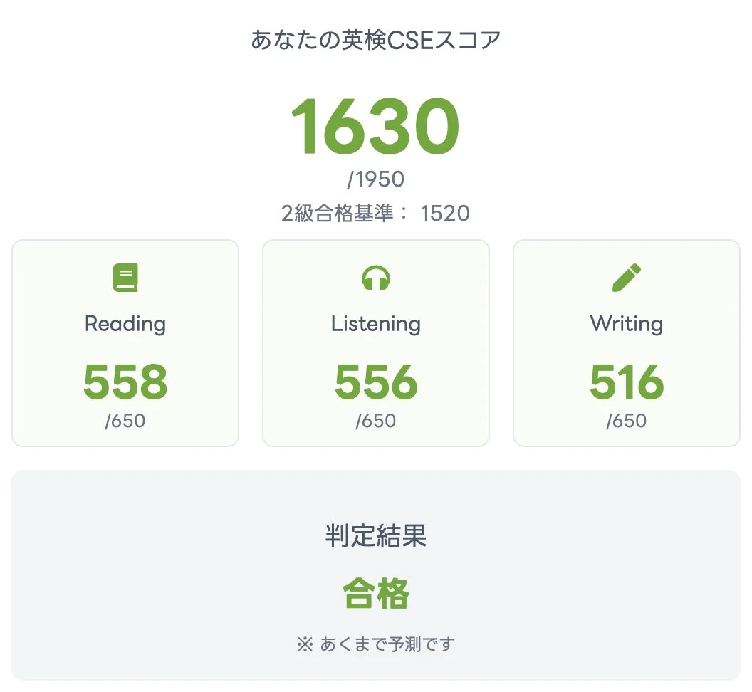 英検CSEスコアの表示画面で合格と判定