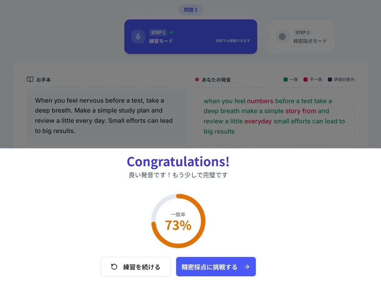 英語学習、発音練習、学習アプリ、進捗表示、ユーザーインターフェース、採点結果、語学学習、オンライン学習