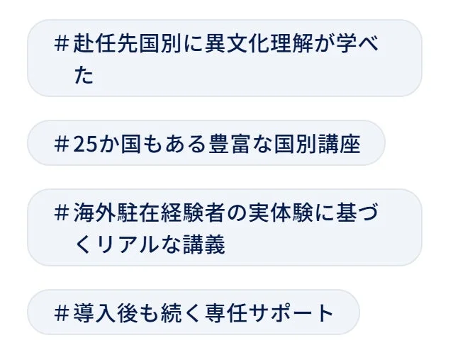 赴任先国別に異文化理解が学べる講座の案内。25か国の豊富な選択肢があり、海外駐在経験者の実体験に基づくリアルな講義と専任サポートが特徴です。