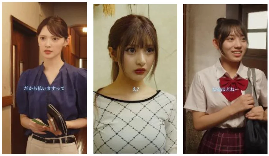 3人の若い日本人女性がそれぞれ異なる表情を見せているスナップショット