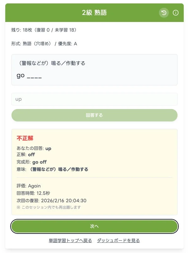英語の熟語学習アプリの画面です。2級の穴埋め問題で「go ____」に対し「up」と回答しましたが、正解は「off」で「go off (鳴る/作動する)」でした。不正解表示と詳細な学習記録、次回の復習日時が示されています。