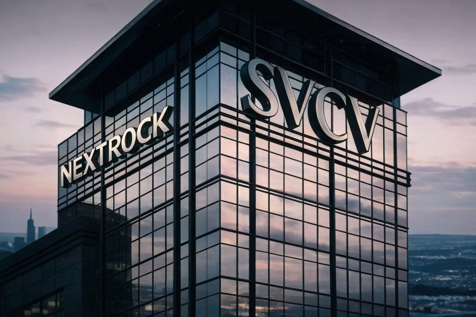 NEXTROCKとSVCVのロゴが入った高層ビル