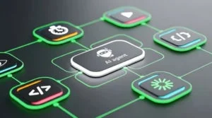 AI agentと書かれた中央のアイコンを中心に、タイマーやコード、再生ボタンなどの機能アイコンが線で繋がれたネットワーク構造が示されています