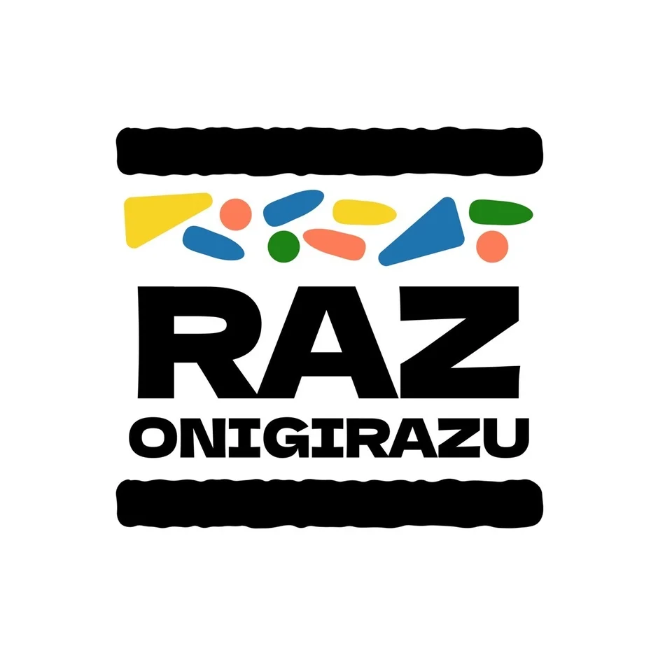 「RAZ ONIGIRAZU」という文字と、カラフルな具材が挟まれたおにぎらずを模したロゴマーク