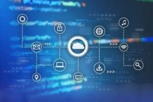 青い背景に、中央のクラウドアイコンから様々なサービスアイコンが点線で接続されている