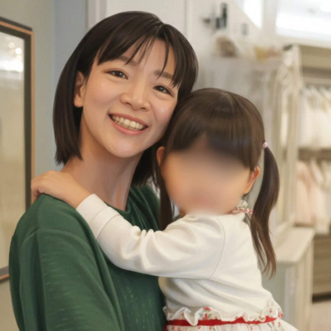 笑顔の女性が子供を抱きしめている写真です。女性は緑色の服を着ており、子供の顔はぼかされています。幸せそうな親子の日常の一コマを捉えています。