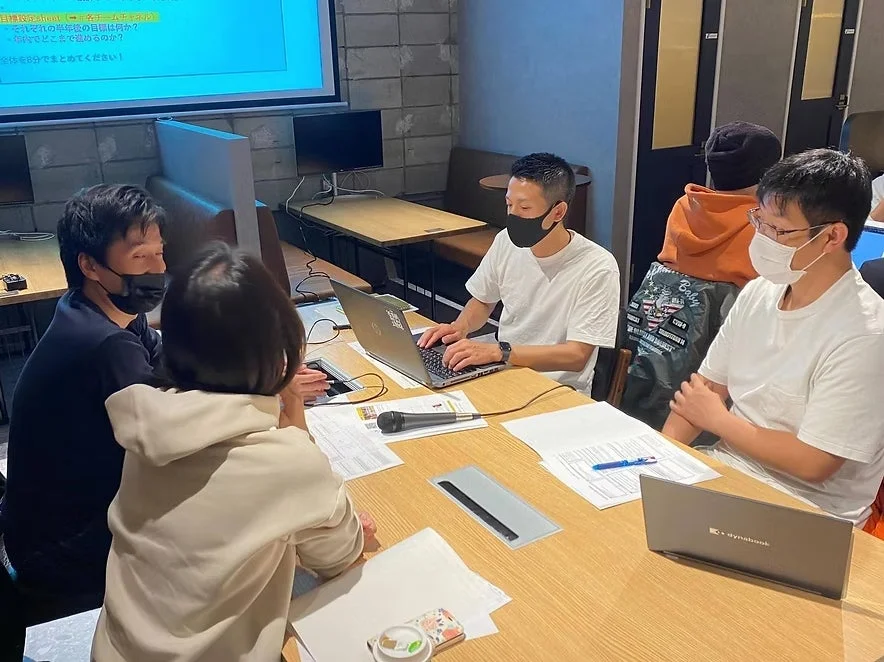 会議室でマスクを着用した5人がテーブルを囲み、ラップトップや資料を使いながらミーティングをしている。プロジェクターには「今日の目標発表シート」が表示され、活発な議論が交わされている。