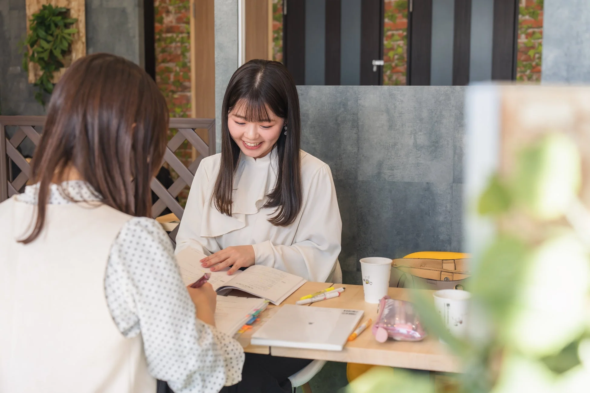 女性2人がカフェで勉強/打ち合わせ