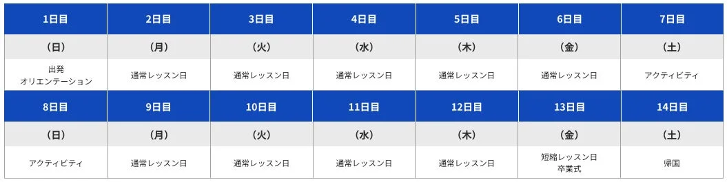 14日間のプログラムスケジュール表です。出発、オリエンテーション、通常レッスン、アクティビティ、短縮レッスン、卒業式、帰国といった各日の予定が記載されています。