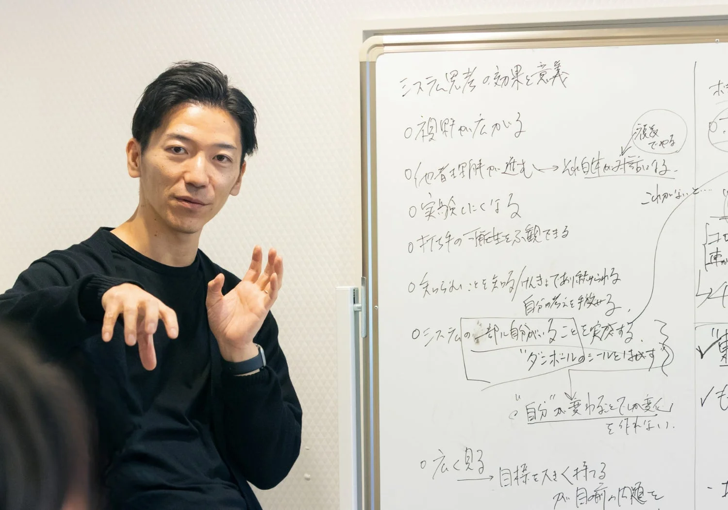 ホワイトボードの前でシステム思考について説明する男性