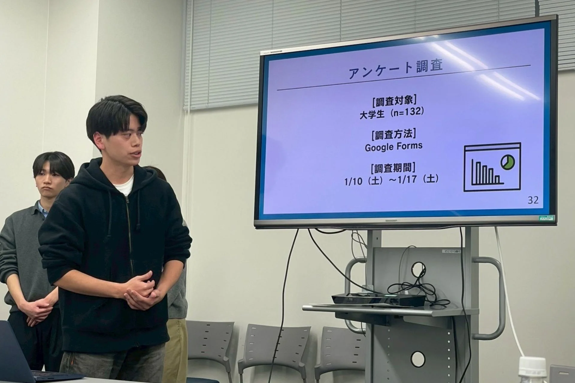 大学の教室でプレゼンテーションをする学生