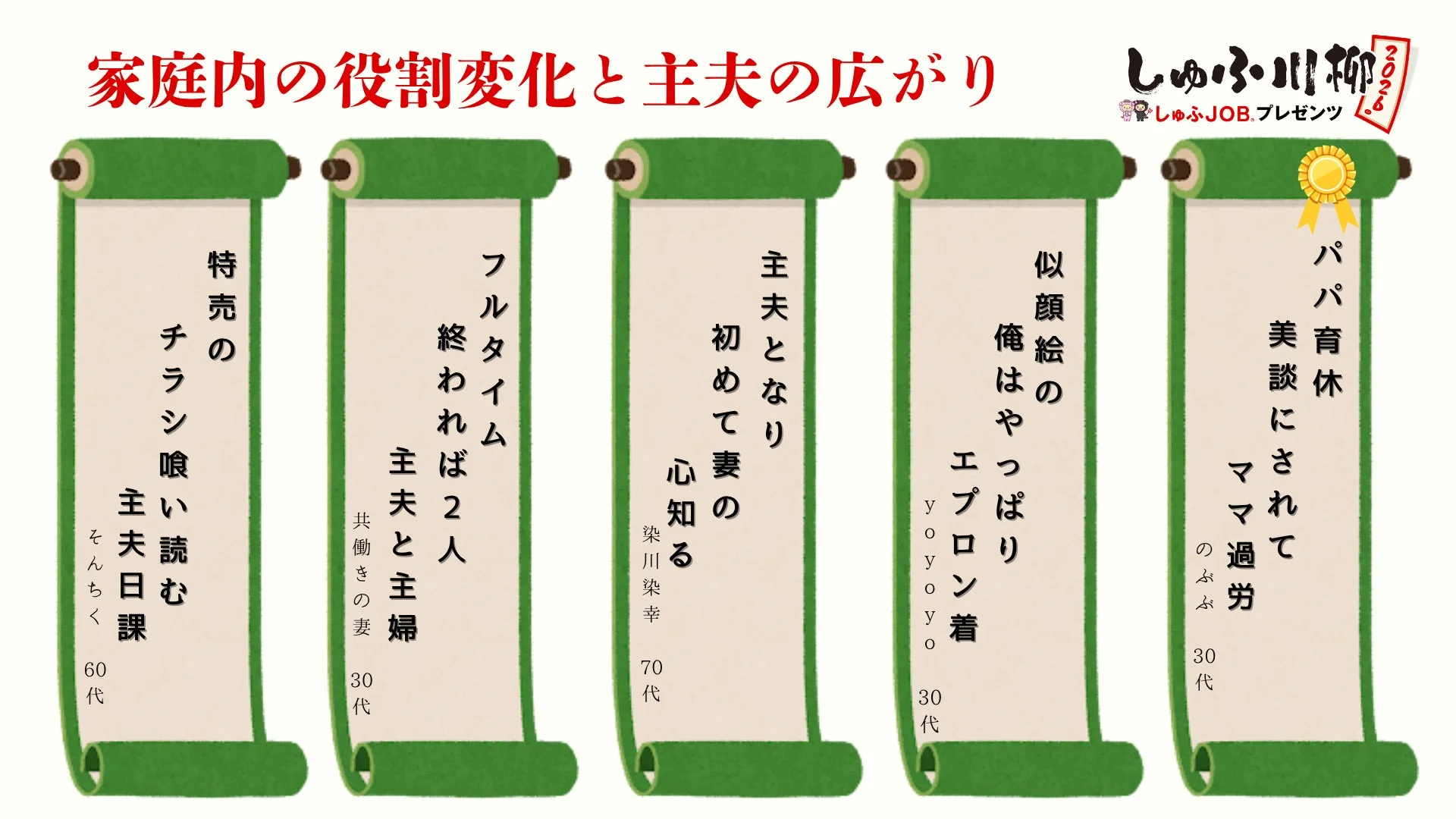 家庭内の役割変化と主夫の広がりを表す川柳のイラスト