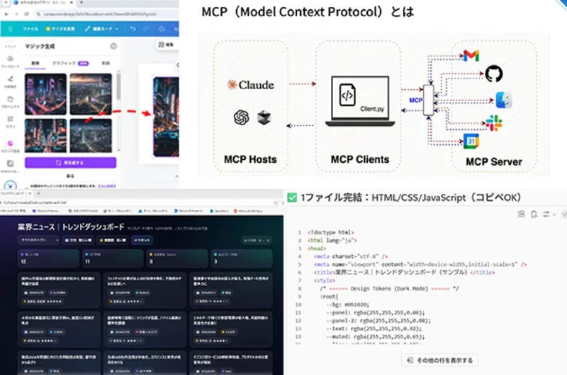 AIモデル連携プロトコル「MCP」の概念図、AI画像生成UI、業界ニュースダッシュボードのウェブUI、およびそのHTML/CSSコード