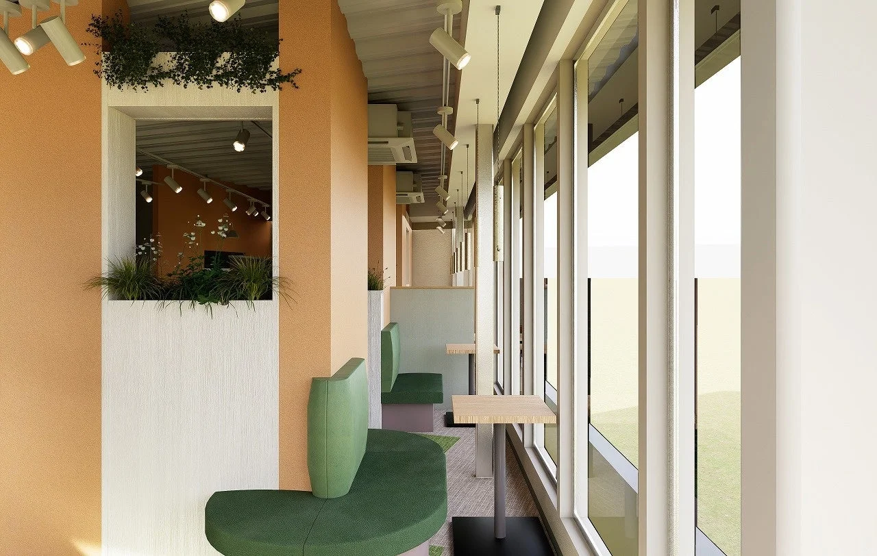 モダンな内装のカフェまたはレストラン