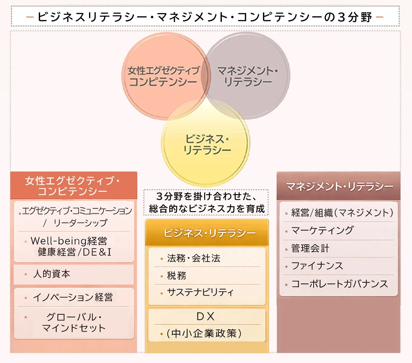 ビジネスリテラシー、マネジメント・リテラシー、女性エグゼクティブ・コンピテンシーの3分野を組み合わせ、総合的なビジネス力を育成する概念を図解しています。各分野の具体的な要素も示されています。