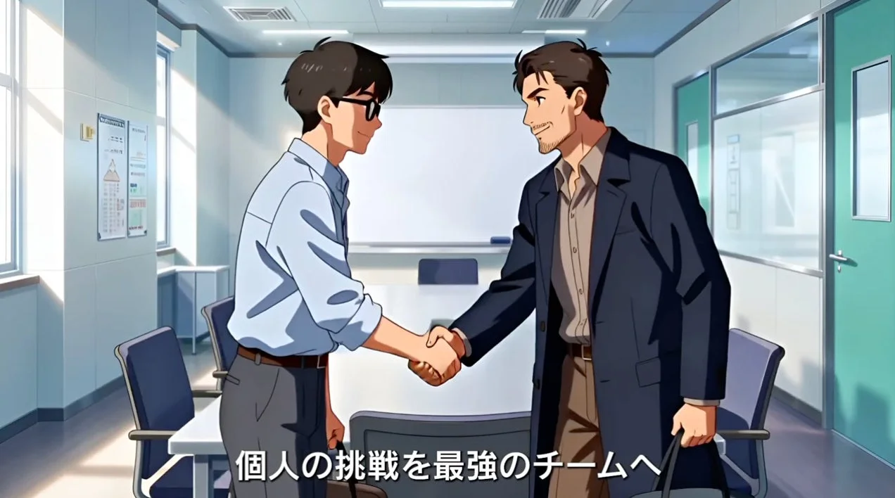 個人の挑戦を最強のチームへメッセージと握手するアニメ画像