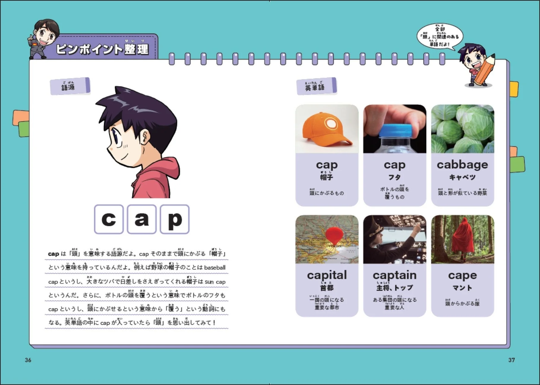 「cap」という英単語の語源が「頭」であることを中心に、帽子やボトルの蓋、キャベツ、首都、主将、マントなど、「頭」に関連する様々な英単語とその意味をイラストや写真と共に解説している学習ページです。