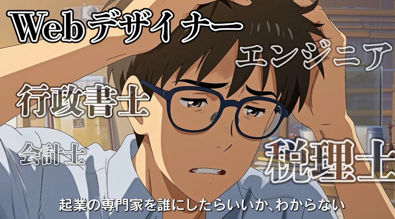 専門家選びに悩む起業家のアニメ画像