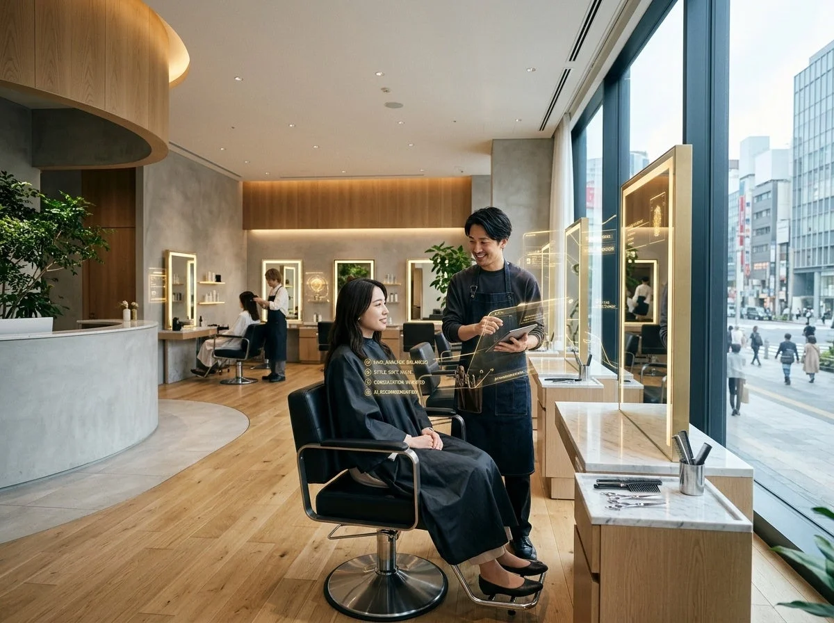 最新技術を導入したモダンな美容室で、スタイリストが女性客にホログラフィックディスプレイを使ってカウンセリングしている様子
