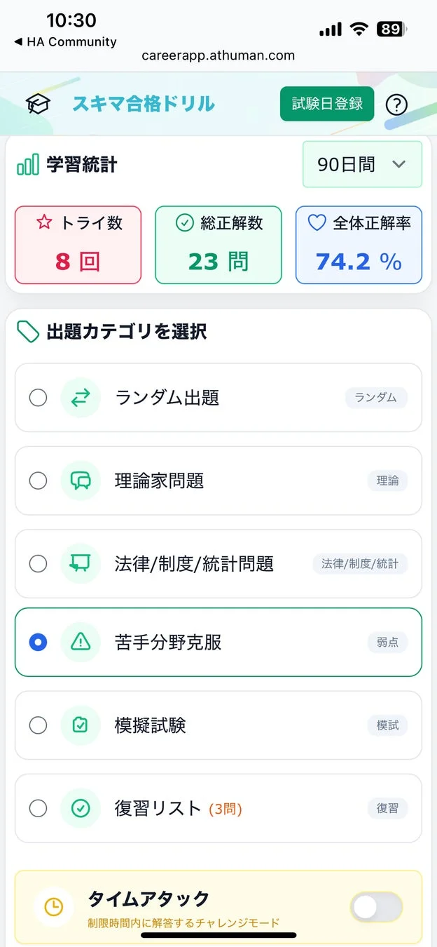 資格試験対策の学習アプリ「スキーマ合格ドリル」の画面です。学習統計（トライ数、正解数、正解率）が表示され、ランダム、理論家、法律/制度、苦手分野克服、模擬試験、復習リストなどのカテゴリから問題を選べます。タイムアタック機能も利用可能。