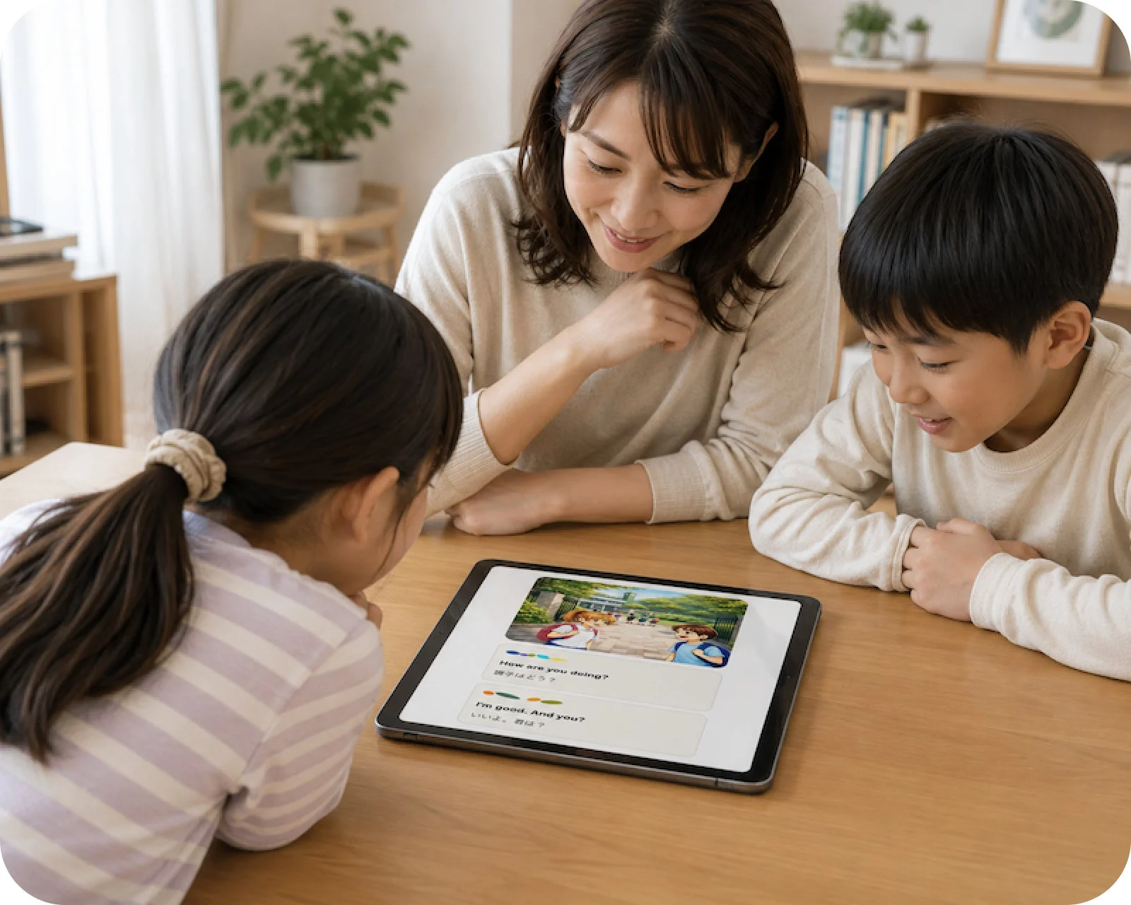 母親と二人の子供がリビングでタブレットを囲んで英語学習をしている様子