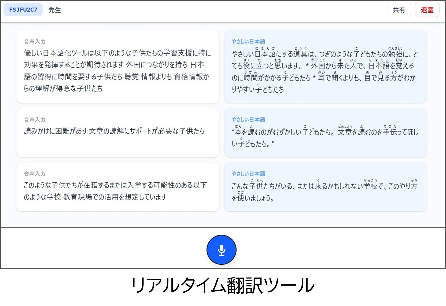 「リアルタイム翻訳ツール」および「優しい日本語化ツール」の機能と対象者を説明した画面です。外国ルーツや読み書きに困難がある子供たちの日本語学習を支援し、学校での活用を想定しています。