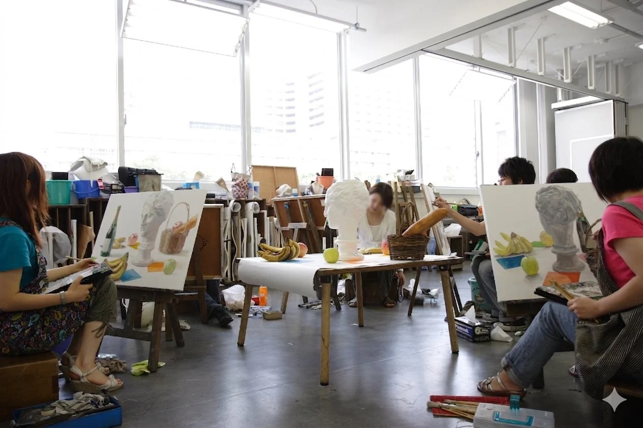 美術教室で制作する学生たち