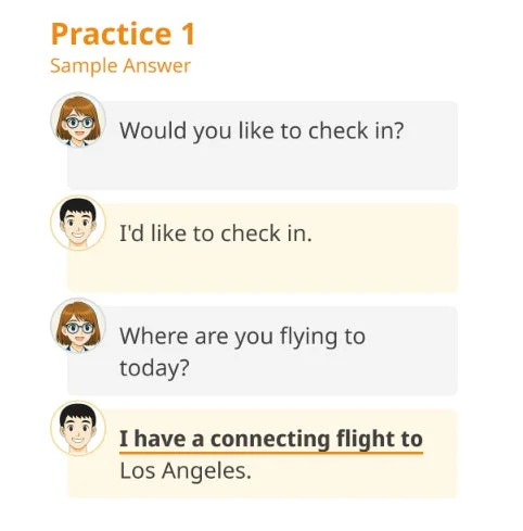 空港でのチェックインに関する英語の会話例が示された学習教材の画像