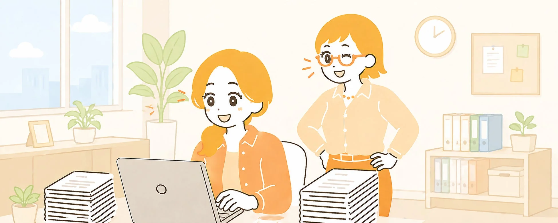 オフィスで二人の女性が仕事をしているイラスト