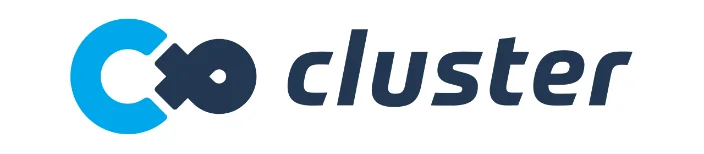 「cluster」という文字と、それを象徴する青色の特徴的なロゴマークがデザインされた画像です。白背景に青と紺色の文字・マークが配置されており、シンプルで視認性の高い企業ロゴやサービスロゴとして利用されていると考えられます。