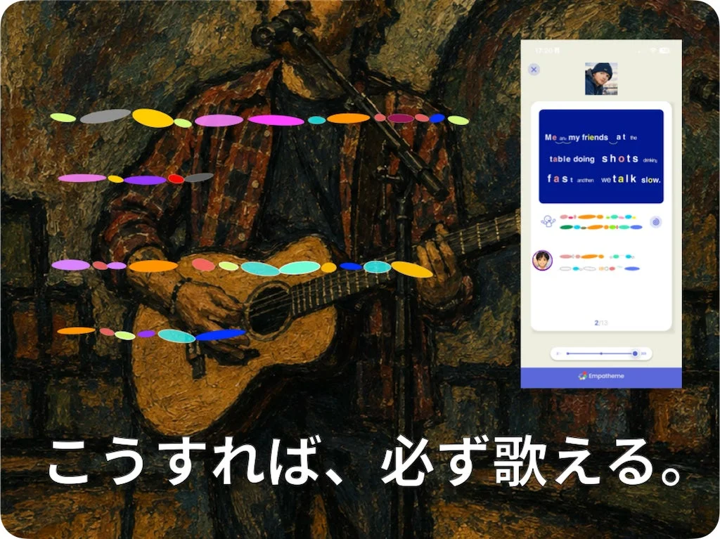 ギタリストがアコースティックギターを演奏している様子と、スマートフォンの音楽アプリの画面が合成されています。
