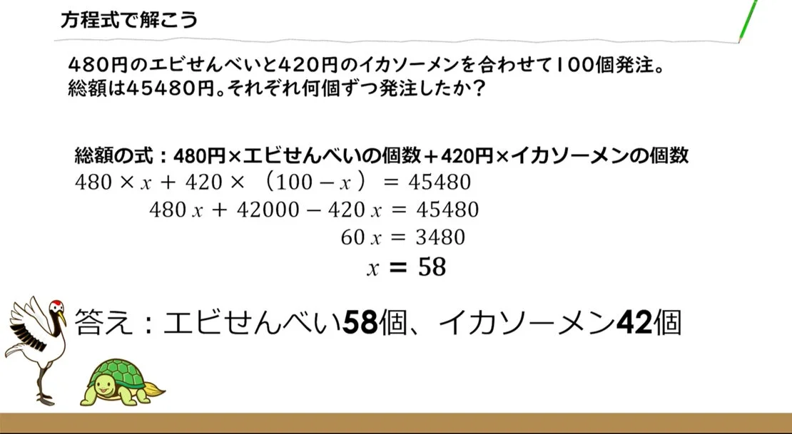 方程式で解く問題の画面イメージ