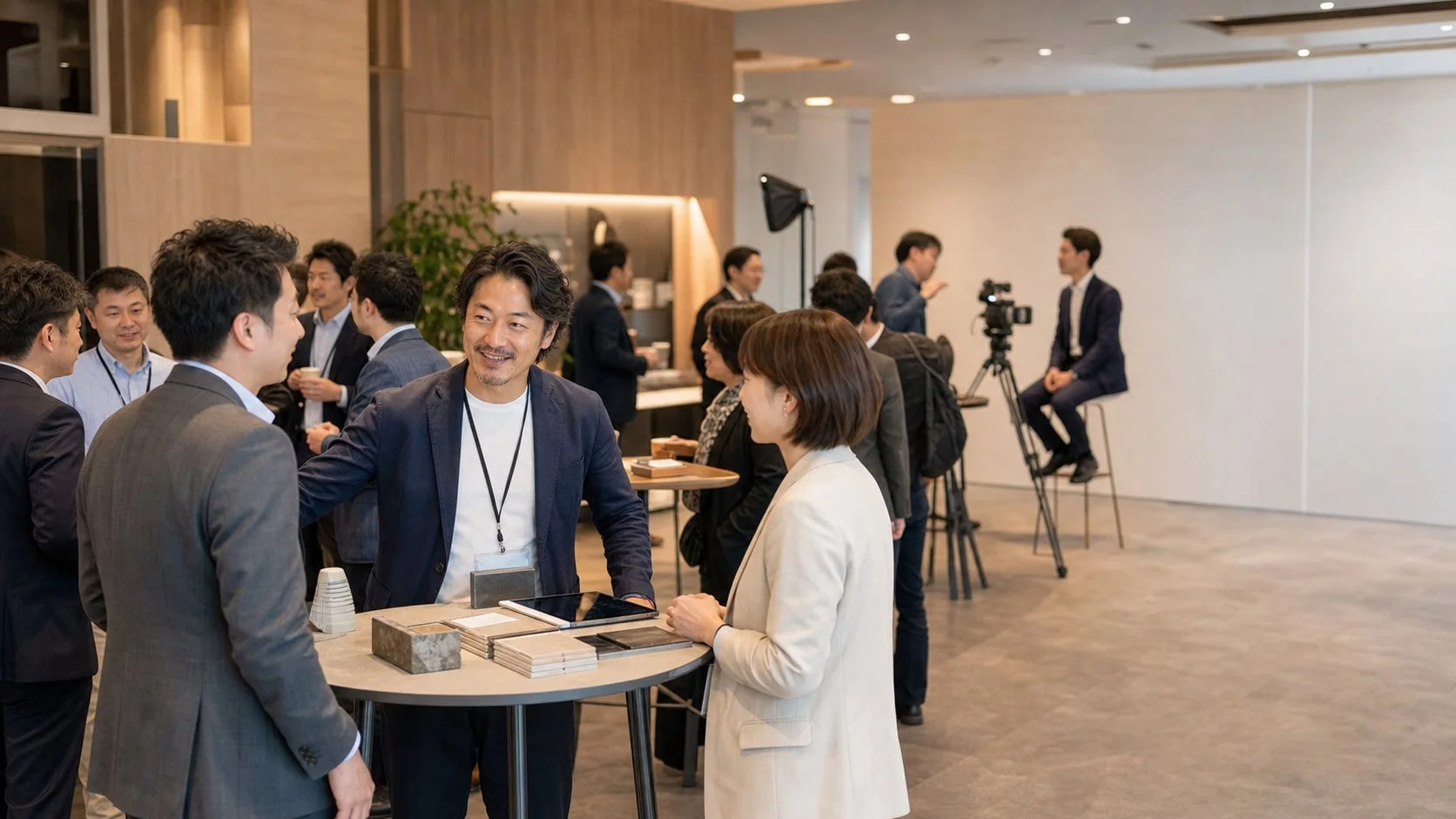 ビジネスイベントや交流会で人々が会話を交わしている様子です。