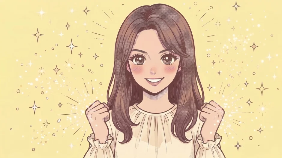 ガッツポーズをする笑顔の女性