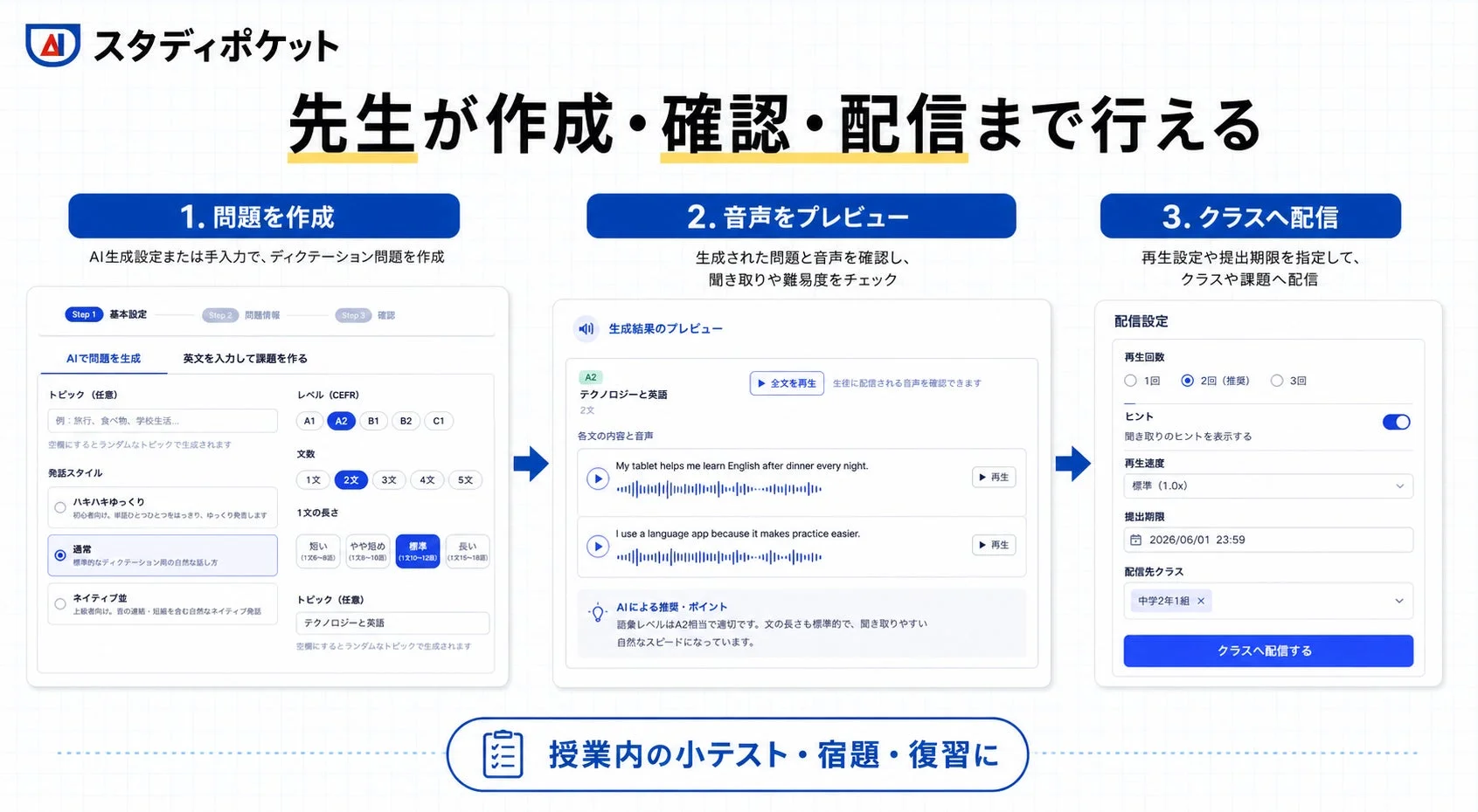 スタディポケット 先生が作成・確認・配信まで行える