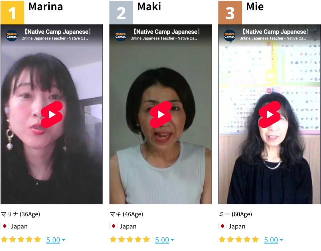 オンライン日本語学習サービス「Native Camp Japanese」の教師紹介ページの一部。マリナ、マキ、ミーの3名の女性教師が、年齢、出身国、評価とともに動画サムネイルで紹介されています。