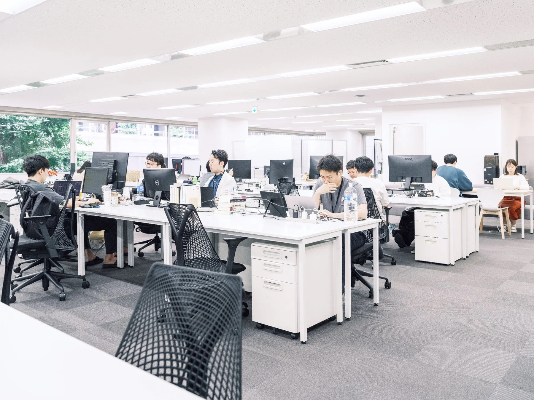 明るく広々としたオフィスで、複数の従業員が各自のデスクに座り、パソコンを使って集中して仕事に取り組んでいる様子