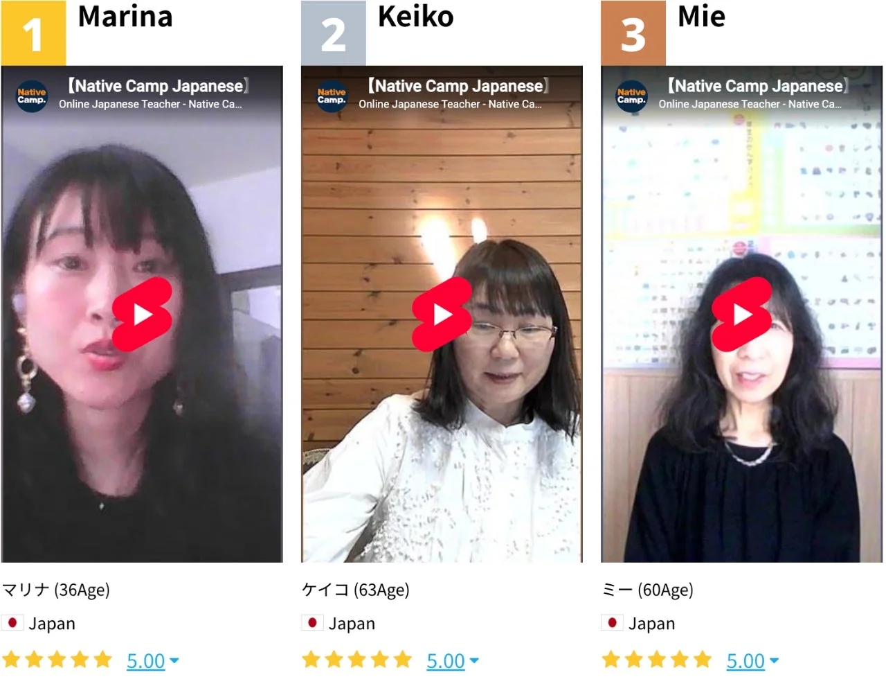 オンライン日本語学習サービス「Native Camp Japanese」の講師3名のプロフィール画面です。マリナ、ケイコ、ミーの各講師の顔写真には再生ボタンが重ねられ、年齢、国籍、5つ星評価が表示されています。