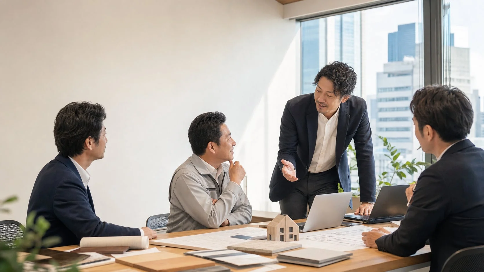 オフィスで数人の男性が会議を行っている。一人が立ち上がって説明しており、テーブルには建築設計図、模型、建材サンプルなどが置かれている。