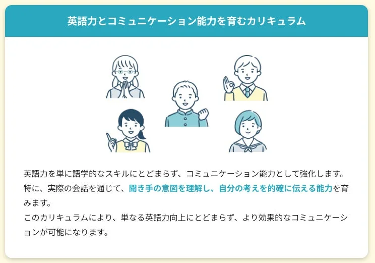 英語力とコミュニケーション能力を同時に育成するカリキュラムを紹介するイラスト