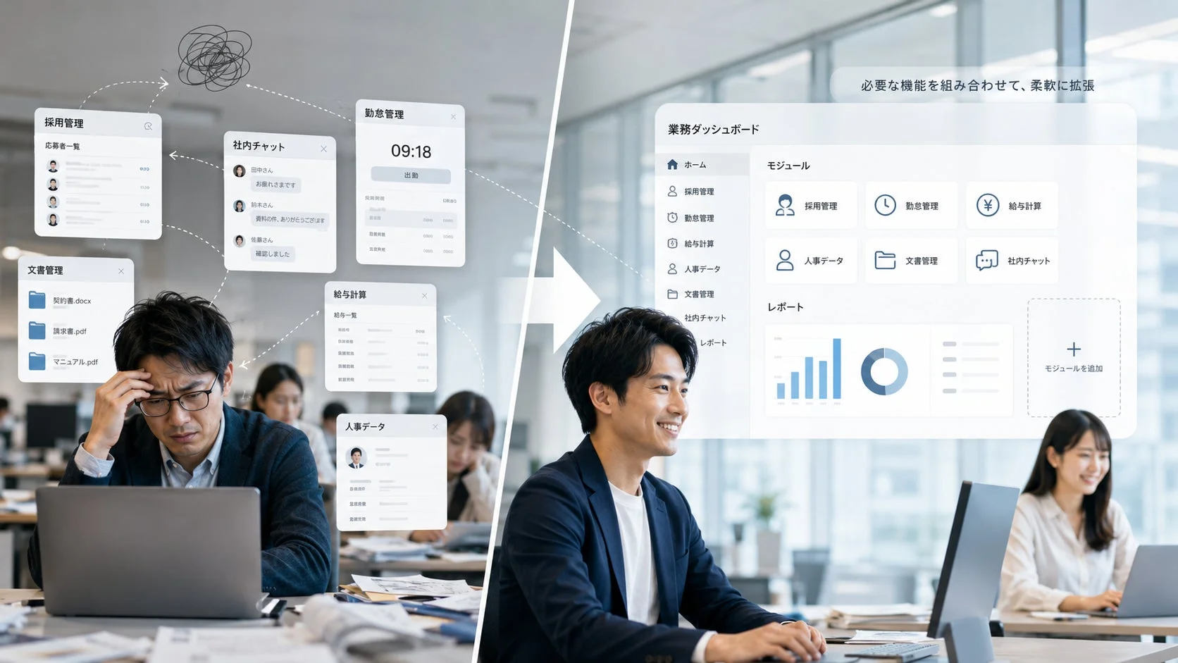複数の業務システムに煩わされる社員が、統合された業務ダッシュボードによって効率的に笑顔で働く様子