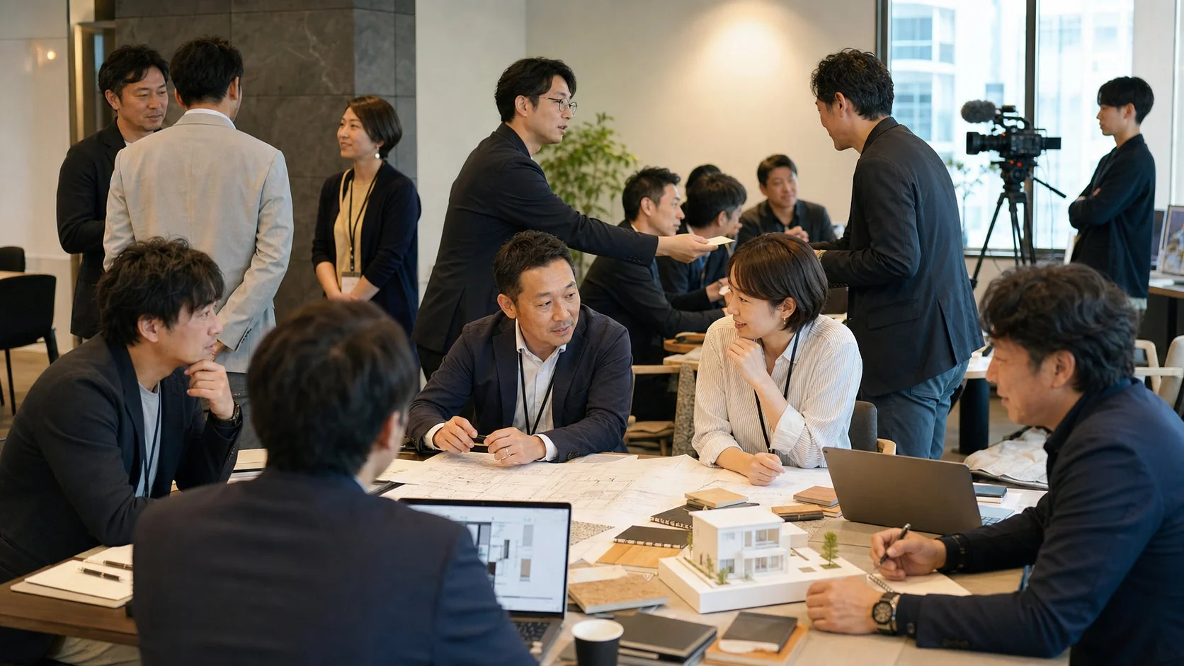 オフィスや会議室で複数の専門家が活発に議論や交流をしている様子です。