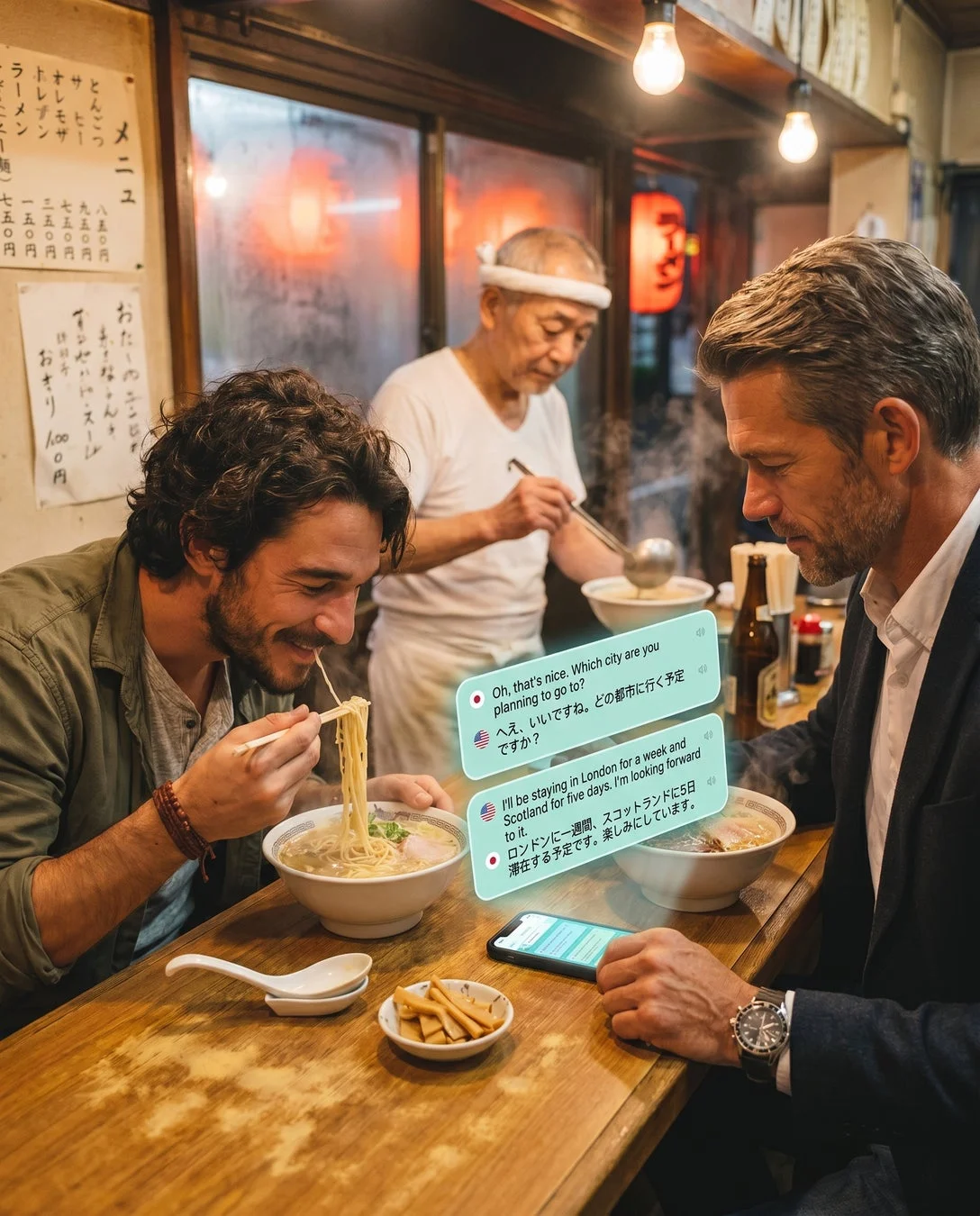 ラーメン店と茶道での会話風景