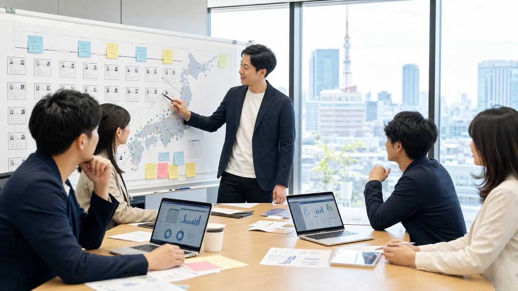 オフィスでビジネスミーティングが行われています。一人の男性が日本地図が描かれたホワイトボードを使ってプレゼンテーションをしており、他のメンバーは熱心に耳を傾けています。