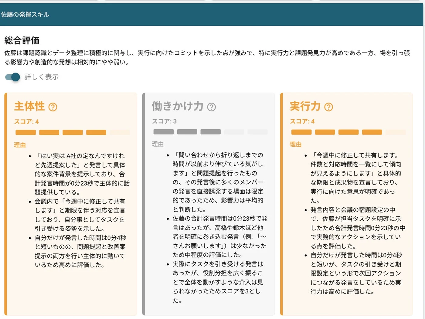佐藤の発揮スキル 総合評価と理由