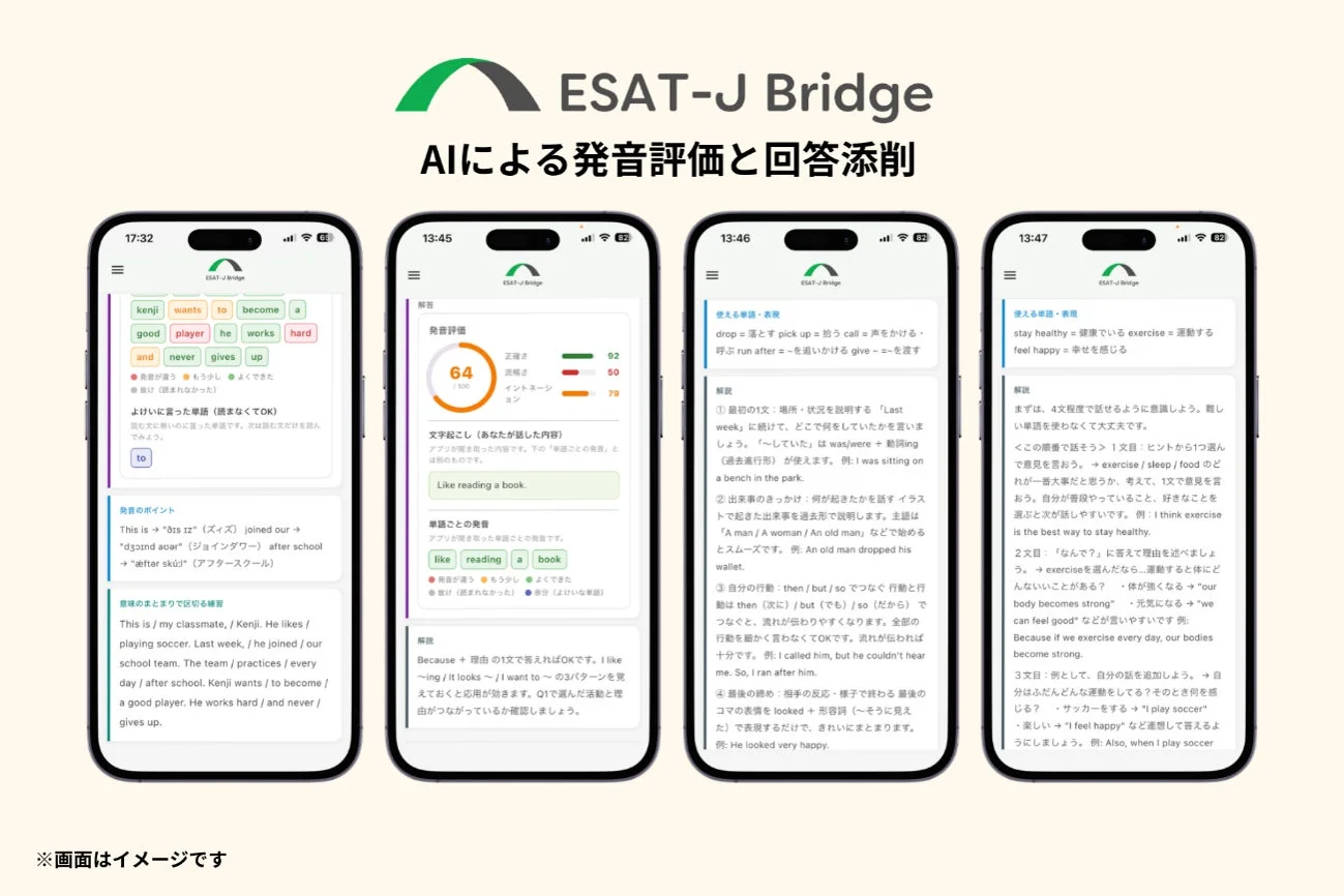 ESAT-J BridgeのAI発音評価と回答添削画面