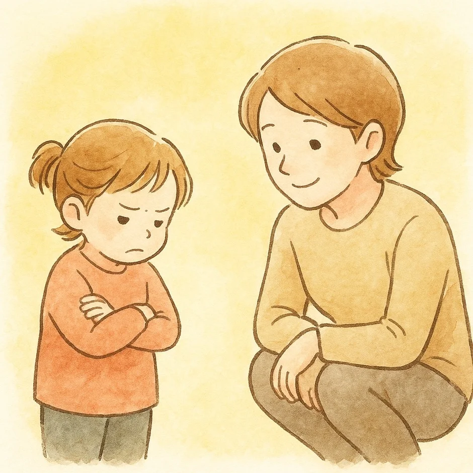 腕を組んで不機嫌そうな表情の子供と、優しく微笑みながら子供を見つめる大人のイラスト。親子間の対話や、子供の気持ちに寄り添う親の姿が描かれており、育児の場面を想像させます。