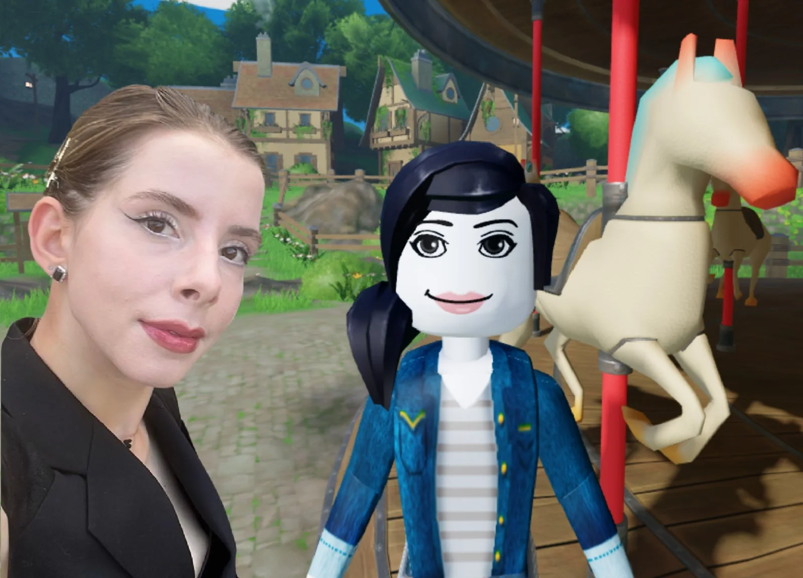 現実の女性がRoblox風のアバターと一緒にセルフィーを撮っている画像です。